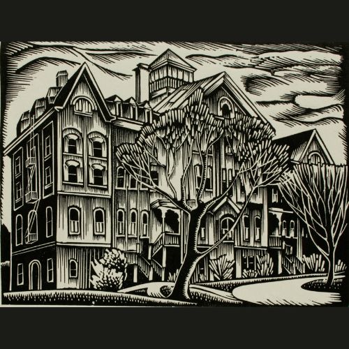 Hale Woodruff,  Giles Hall, 1935; linocut, 21 x 17.25 inches. College Purchase, 1935.12.